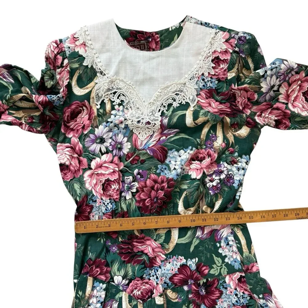 VTG 80s LISA II Floral Prairie Dress Lace Yoke Cottagecore Midi Green Pink S/M